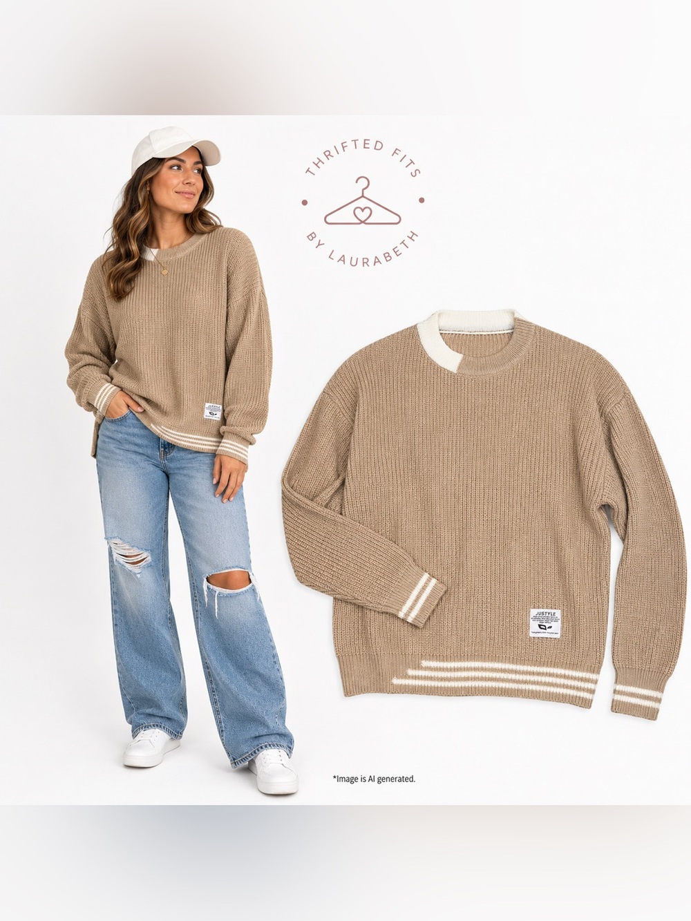 Unisex Beige Crewneck Ribbed Sweater with White Contrast